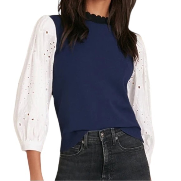 Veronica Beard Women's Roy Mixed Media Pullover Knit Sweater Navy White Size XS - Picture 9 of 13